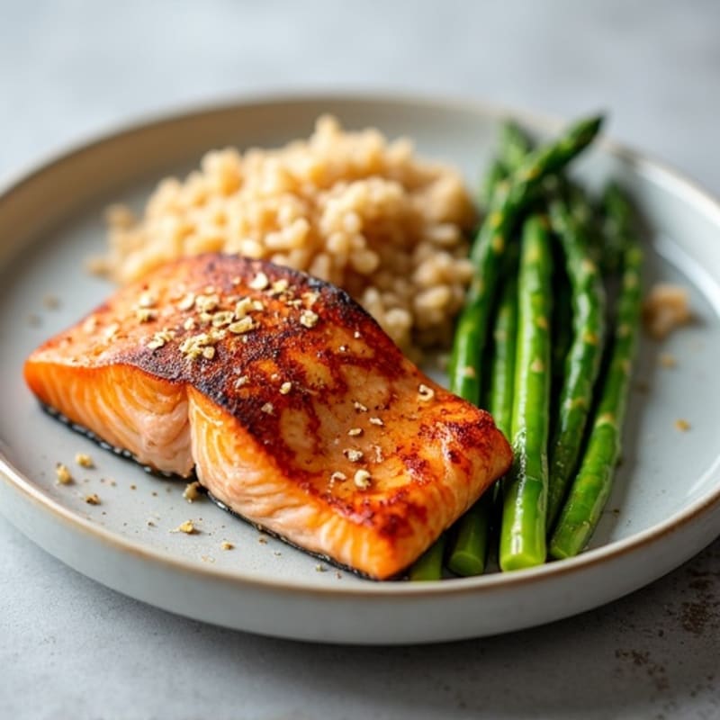 Seared Salmon Fillet with Steamed Asparagus and Brown Rice