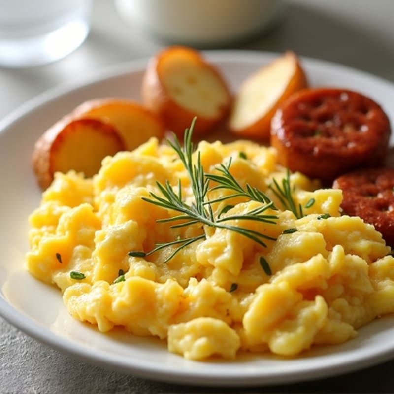 Creamy Scrambled Eggs with Roasted Potatoes and Chicken Sausage