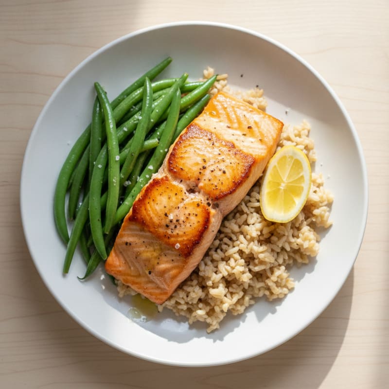 Seared Salmon with Steamed Green Beans and Brown Rice