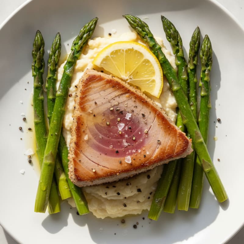 Seared Tuna Steak with Roasted Asparagus and Cauliflower Mash