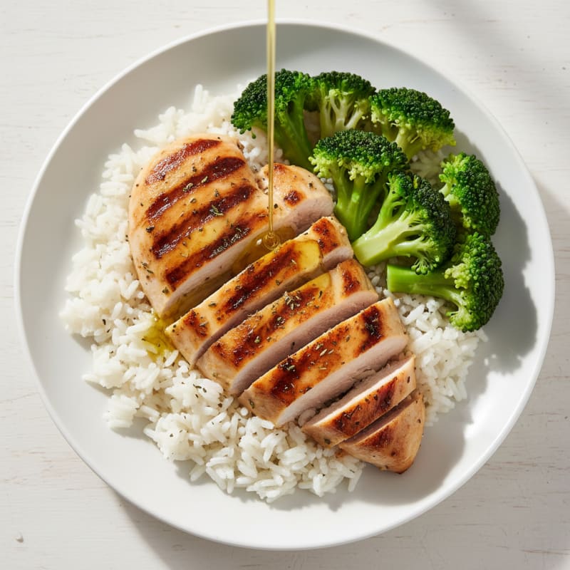 Grilled Chicken Breast with Steamed Broccoli and Rice