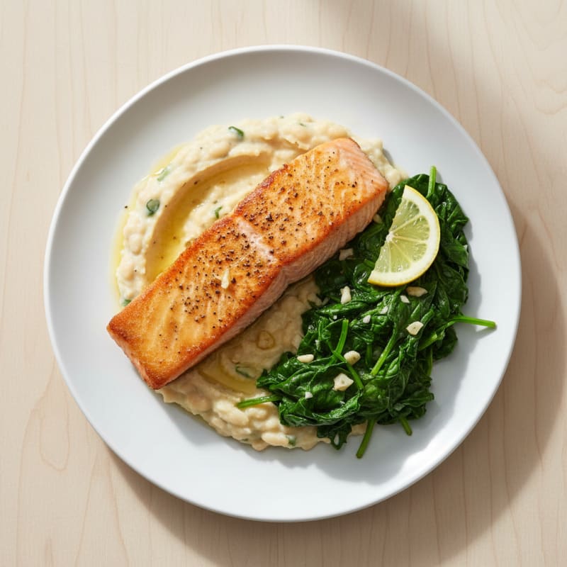 Seared Salmon with Creamy White Bean Mash and Sautéed Spinach