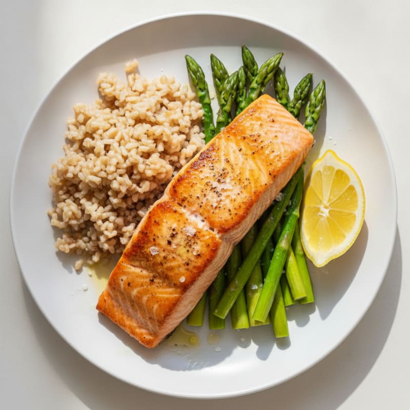 Seared Salmon Fillet with Steamed Asparagus and Brown Rice