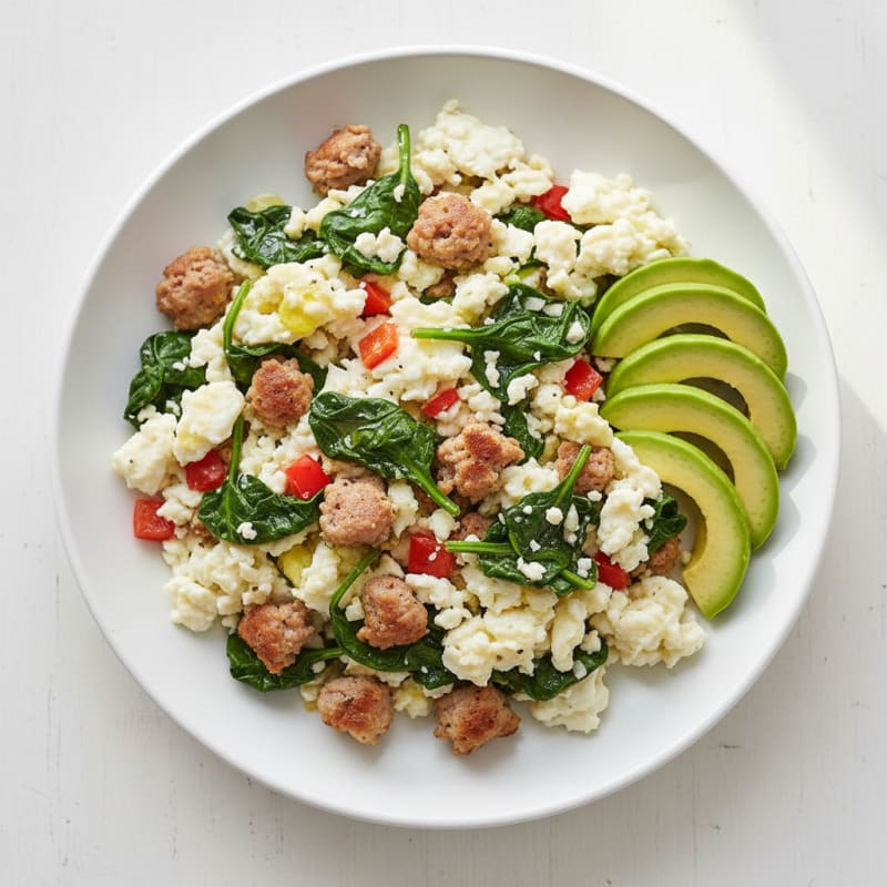 Egg White Scramble with Turkey Sausage and Sautéed Spinach