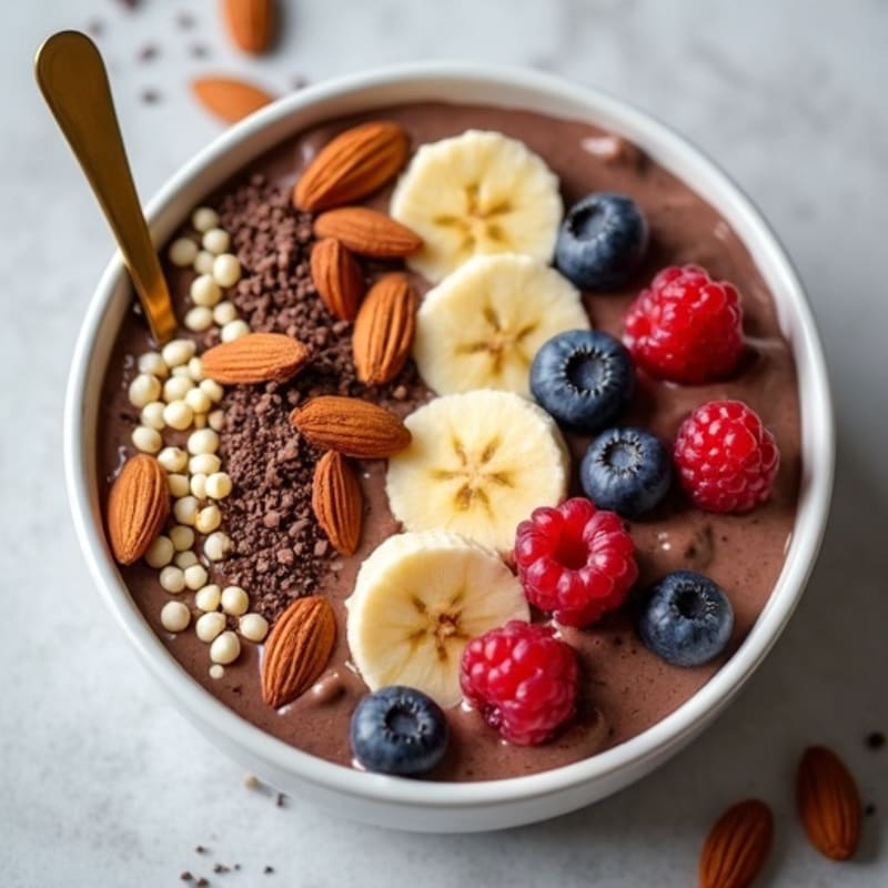 Chocolate Protein Smoothie Bowl with Fresh Berries and Crunchy Nuts