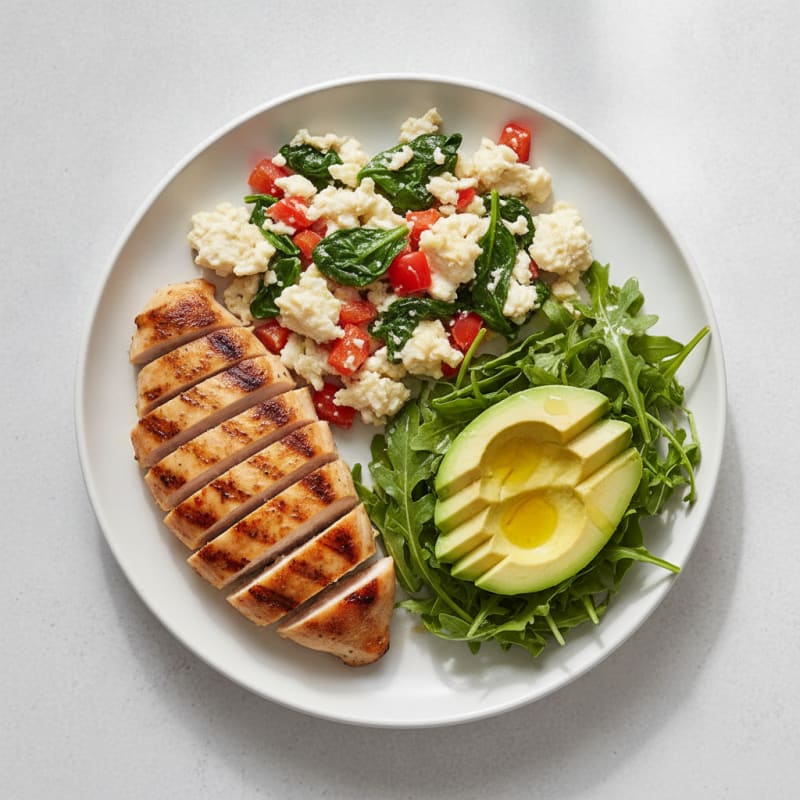 Egg White Veggie Scramble with Grilled Chicken