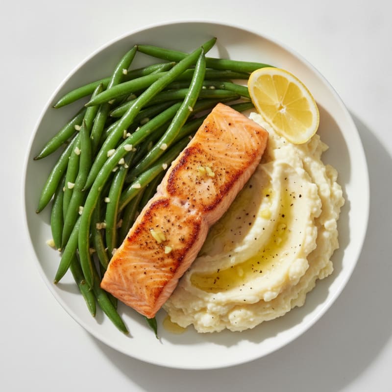 Seared Salmon with Garlic Green Beans and Cauliflower Mash