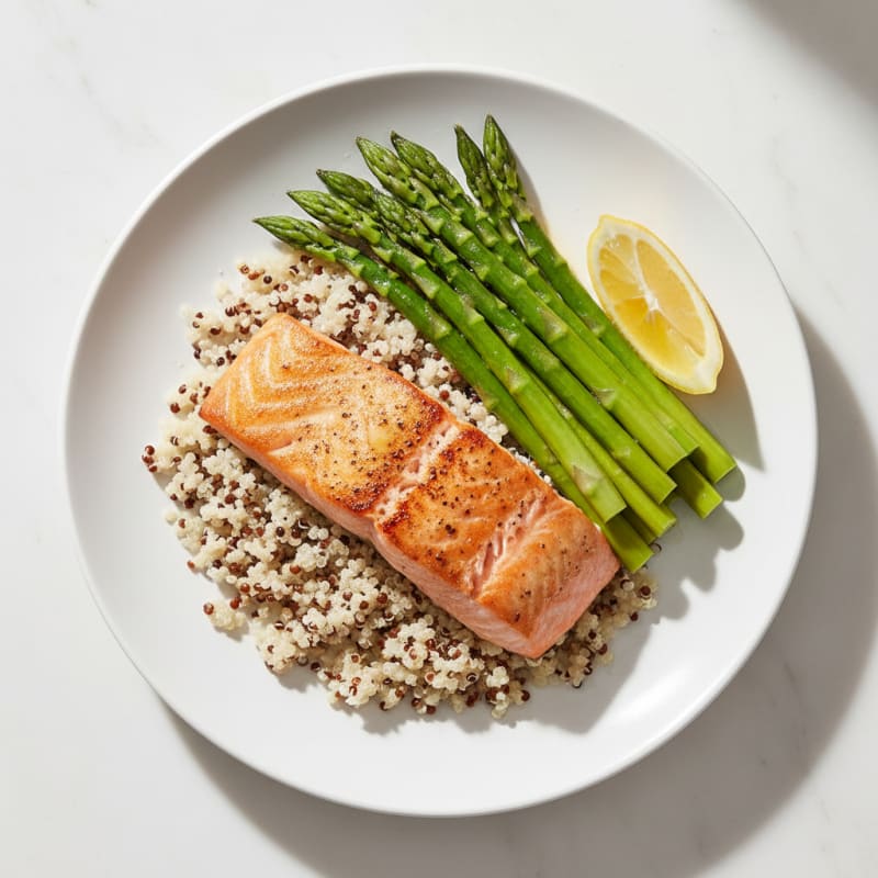Seared Salmon Fillet with Steamed Asparagus and Quinoa