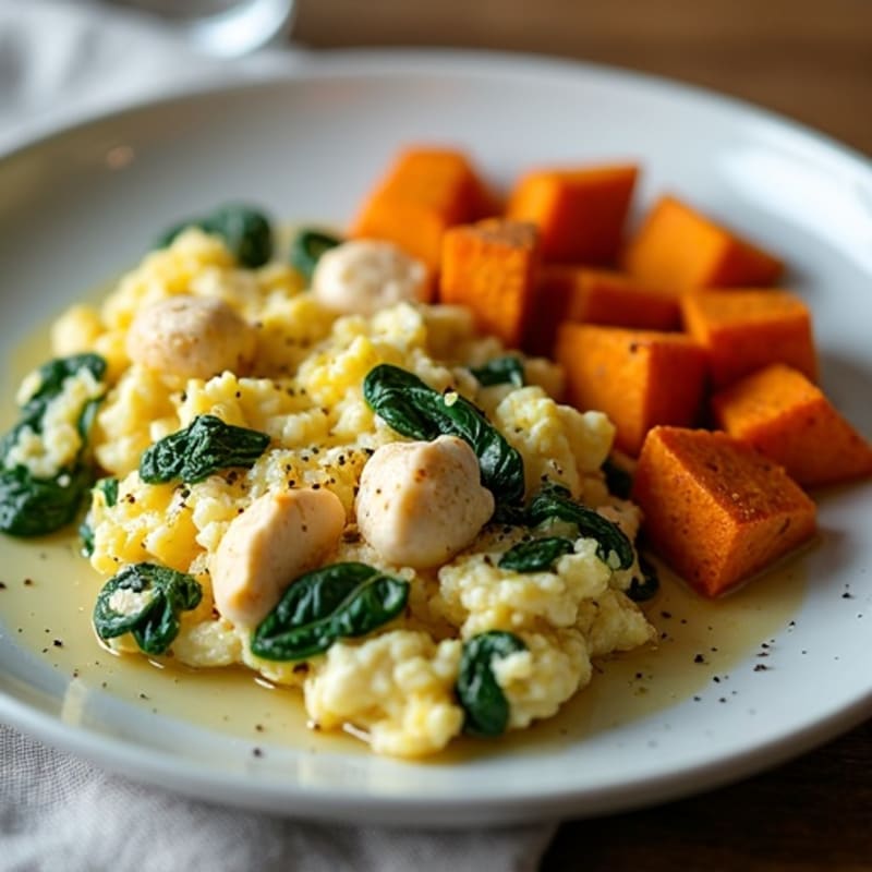 Chicken and Spinach Egg Scramble with Roasted Sweet Potatoes