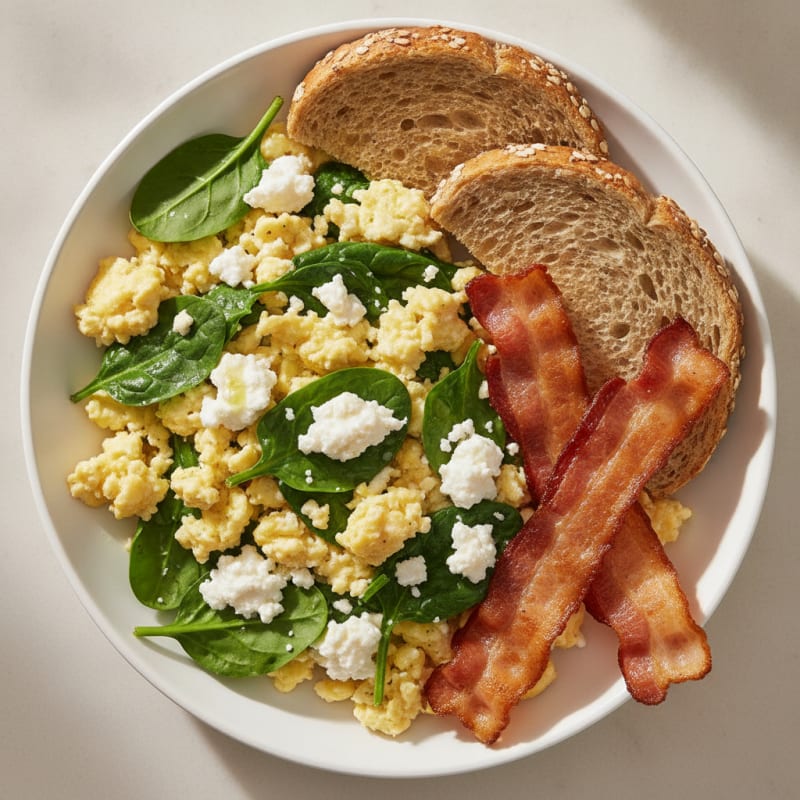 Cottage Cheese Scramble with Spinach and Turkey Bacon