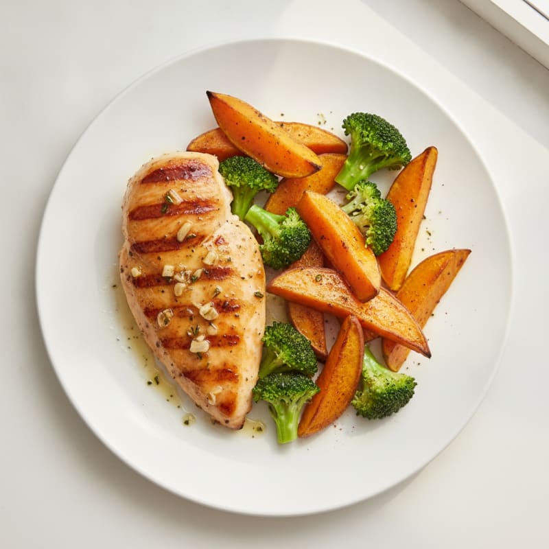 Grilled Chicken Breast with Roasted Sweet Potatoes and Steamed Broccoli