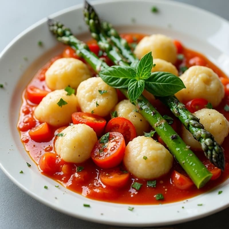 Silky Ricotta Gnocchi with Roasted Asparagus and Fresh Tomato Basil Sauce