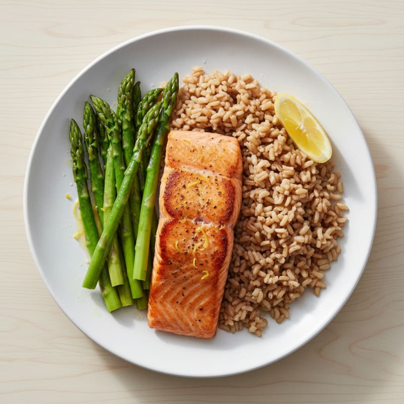 Seared Salmon with Steamed Asparagus and Brown Rice