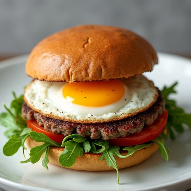 Grass-Fed Beef Burger with Peppery Arugula and Fresh Tomato