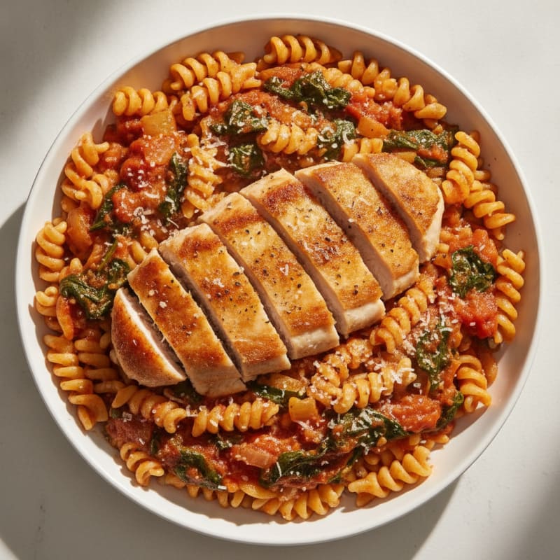 Pan-Fried Chicken with Edamame Pasta and Tomato-Spinach Sauce