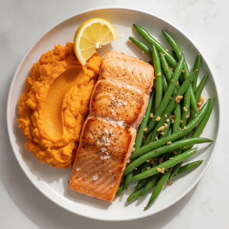 Seared Salmon with Garlic Green Beans and Mashed Sweet Potato