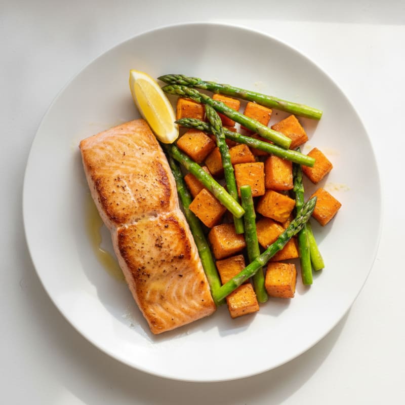 Seared Salmon with Roasted Sweet Potatoes and Asparagus