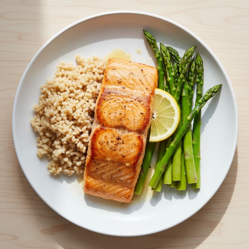 Seared Salmon Fillet with Steamed Asparagus and Brown Rice