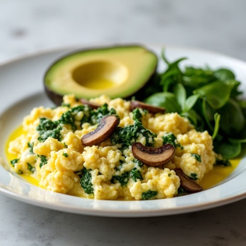 Egg White and Cottage Cheese Scramble with Spinach, Sautéed Mushrooms, and Avocado