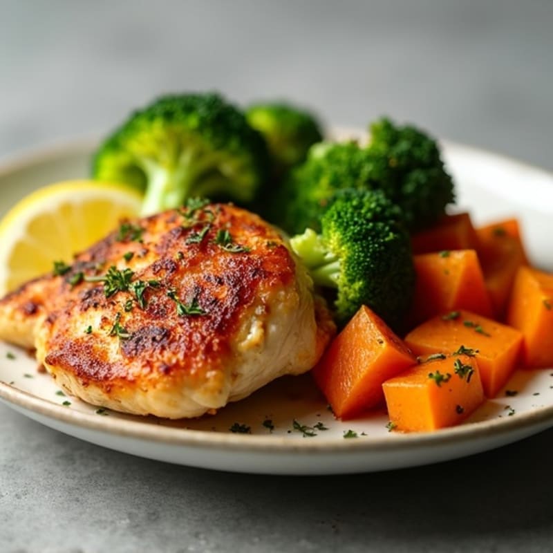 Crispy Lemon Herb Chicken Thighs with Roasted Sweet Potatoes and Broccoli