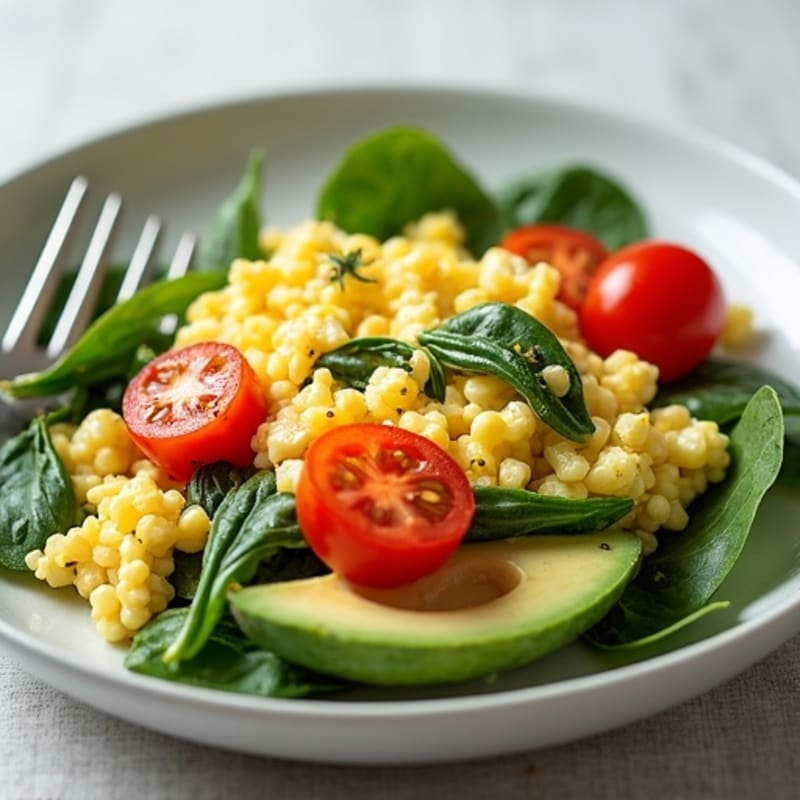 Cottage Cheese Egg White Scramble with Spinach and Cherry Tomatoes