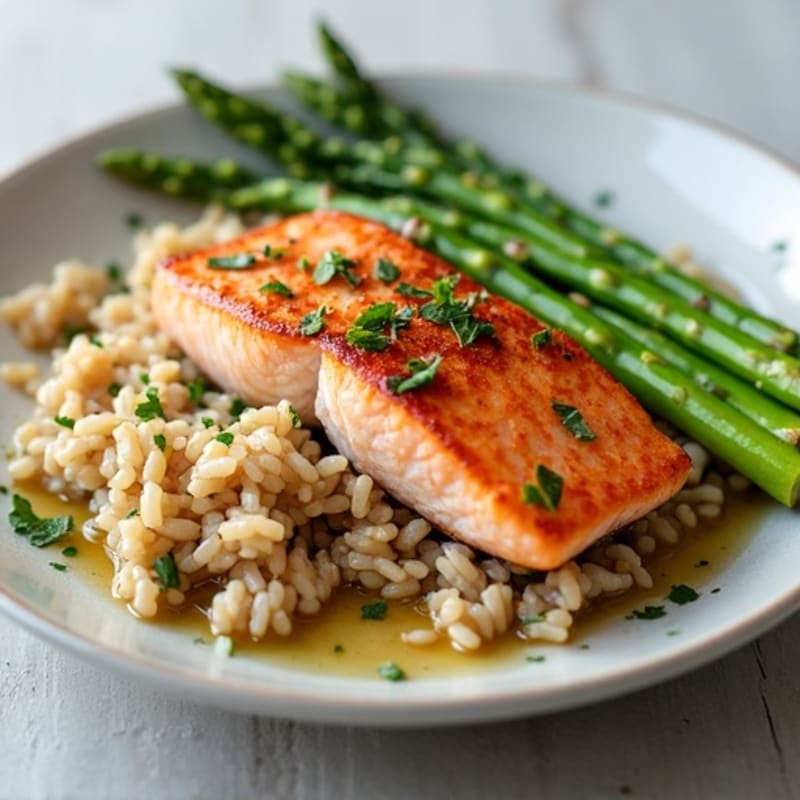 Seared Salmon with Steamed Asparagus and Brown Rice