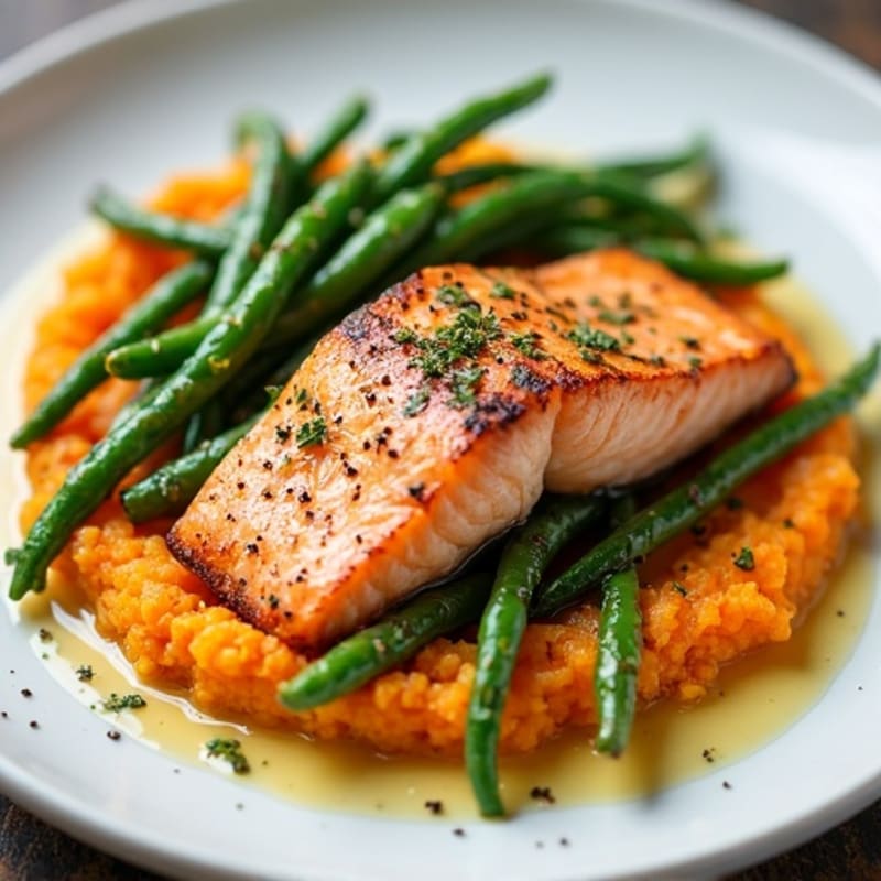 Seared Salmon with Garlic Green Beans and Sweet Potato Mash