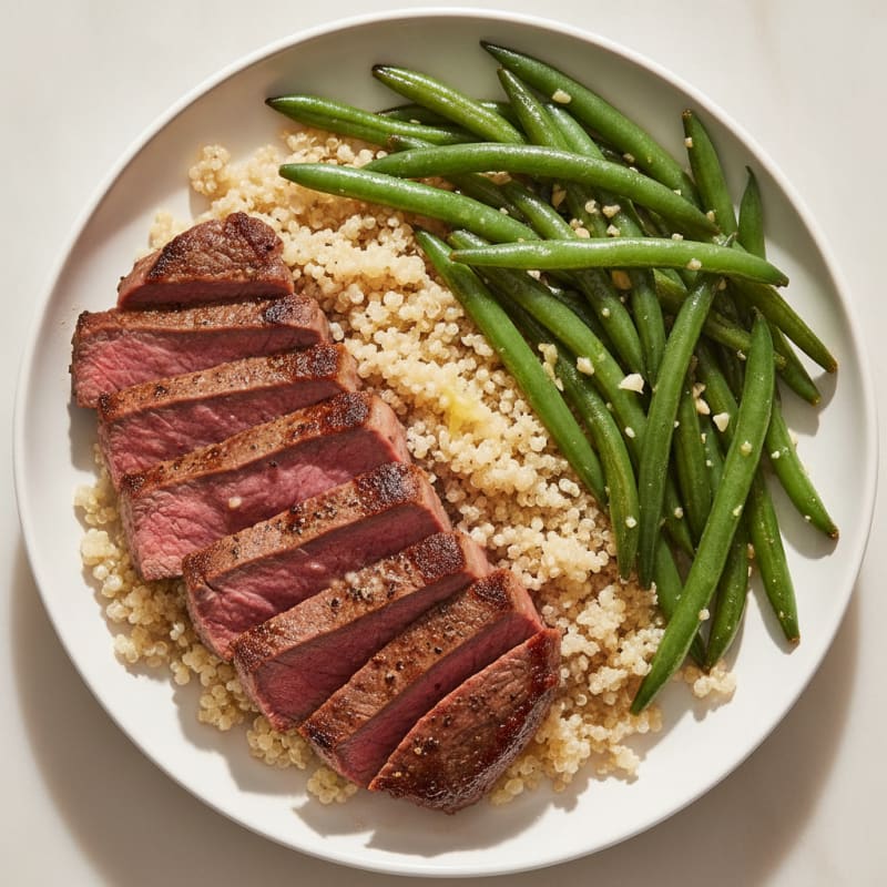 Seared Steak with Garlic Green Beans and Quinoa