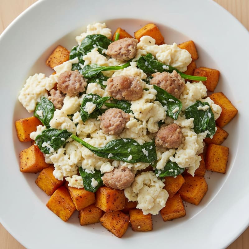 Egg White and Turkey Sausage Scramble with Spinach and Roasted Sweet Potato