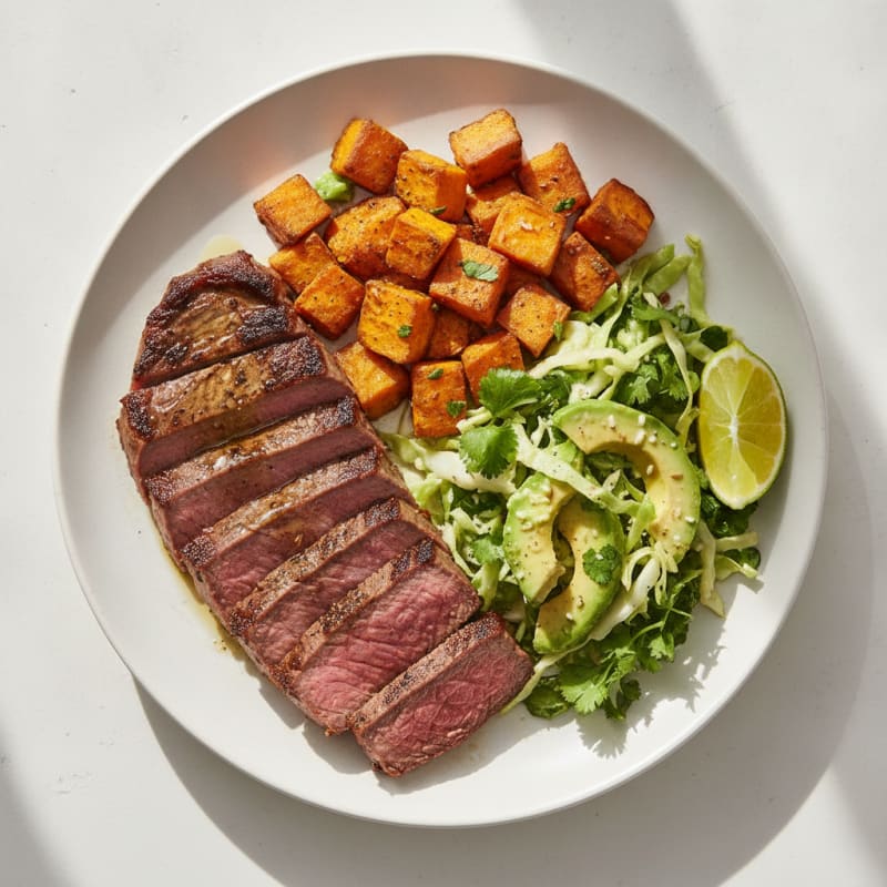 Seared Steak with Roasted Sweet Potatoes and Cilantro-Lime Slaw