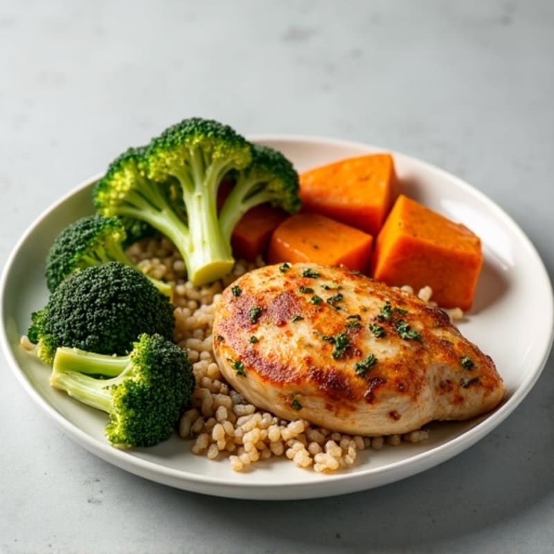Roasted Chicken with Crispy Broccoli, Sweet Potato, and Brown Rice