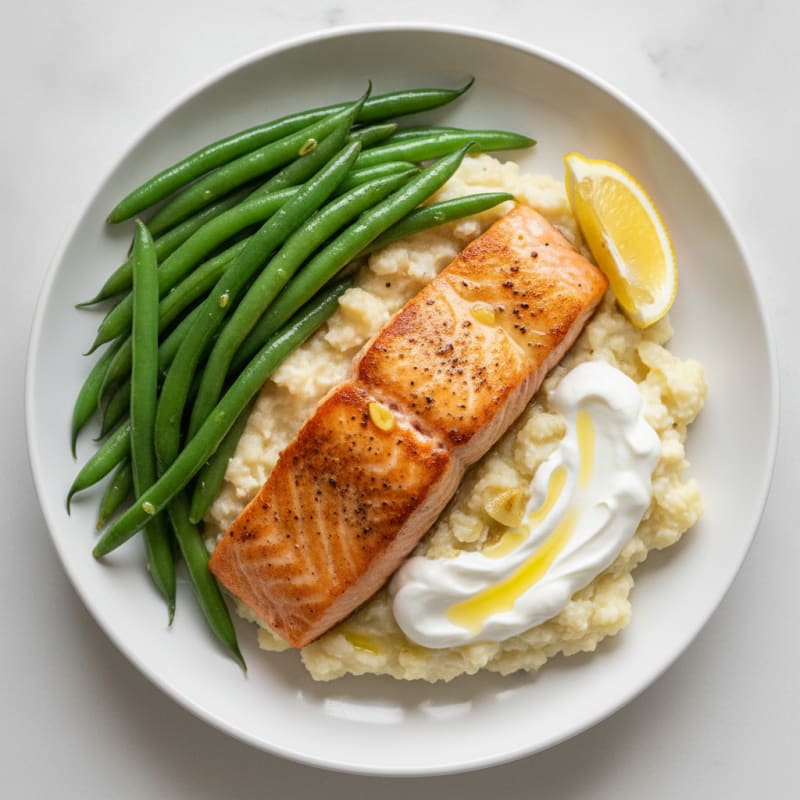 Seared Salmon with Steamed Green Beans and Cauliflower Mash