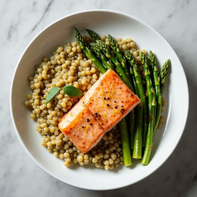 Seared Salmon Fillet with Steamed Asparagus and Lentil Mash