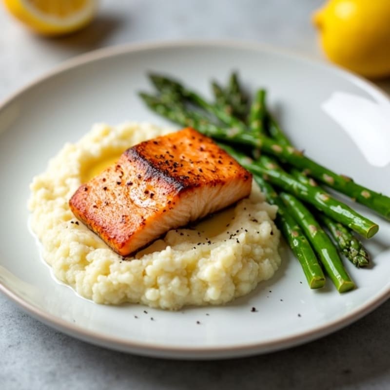 Seared Salmon with Steamed Asparagus and Cauliflower Mash