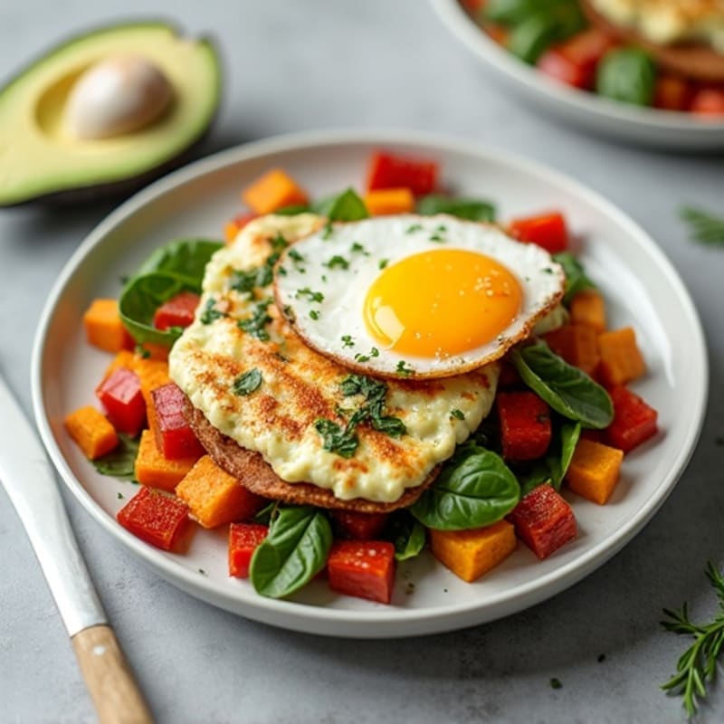 Crispy Turkey Bacon and Spinach Egg White Scramble with Sweet Potato Hash