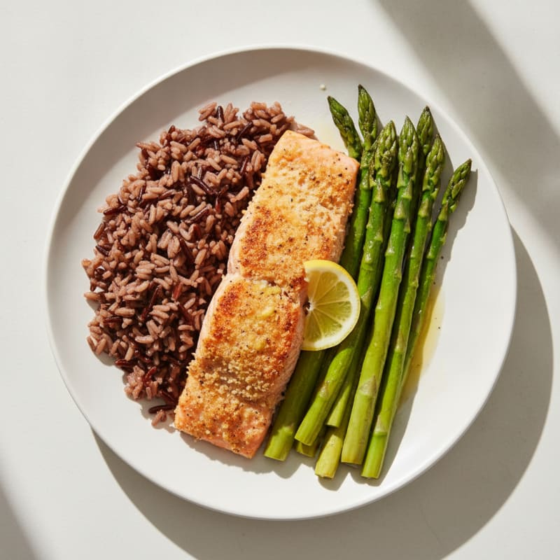 Baked Salmon with Lemon Asparagus and Wild Rice