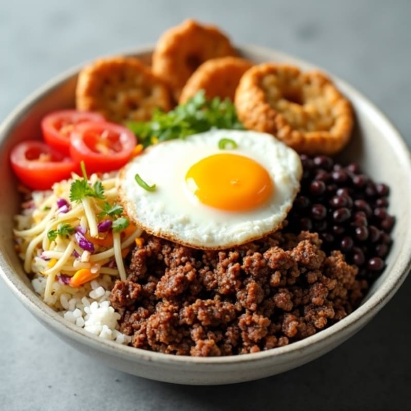 Lean Ground Beef Power Bowl with Fluffy Rice, Black Beans, Crunchy Cabbage Slaw, Sunny-Side Up Egg, and Toasted Whole Grain Bagel Crisps