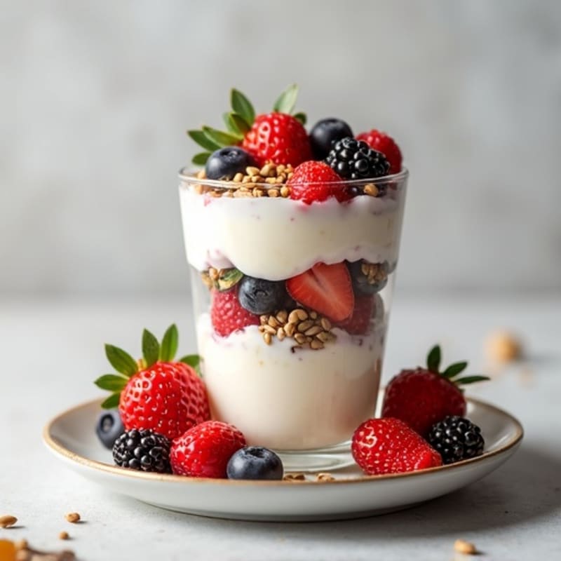 Cottage Cheese Greek Yogurt Parfait with Hemp Seeds and Berries