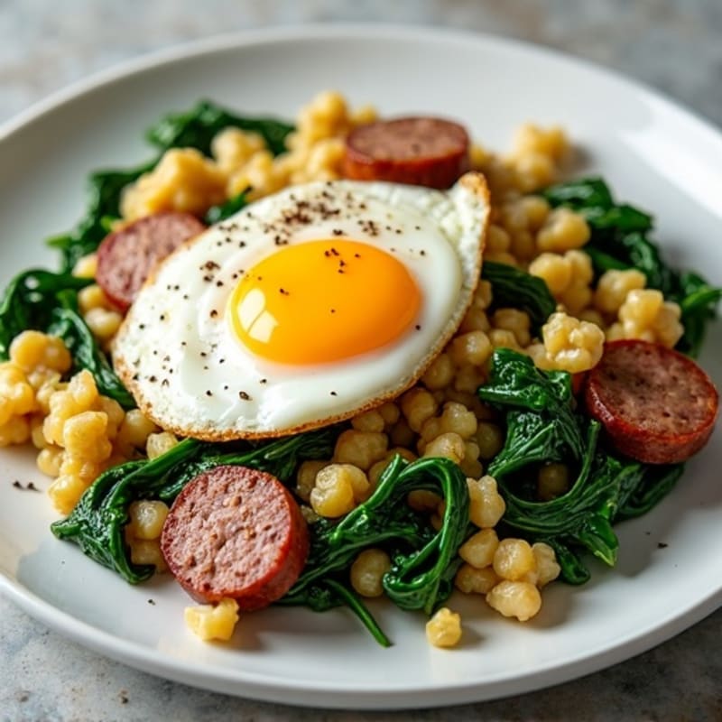 Egg White and Turkey Sausage Scramble with Sautéed Spinach