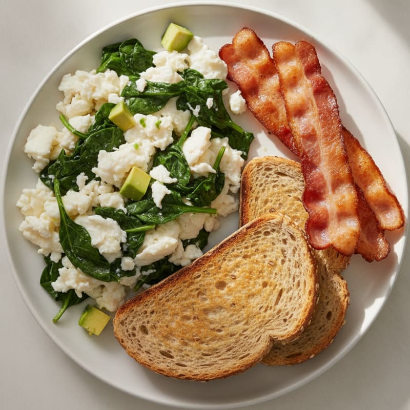 Scrambled Egg Whites with Sautéed Spinach and Turkey Bacon