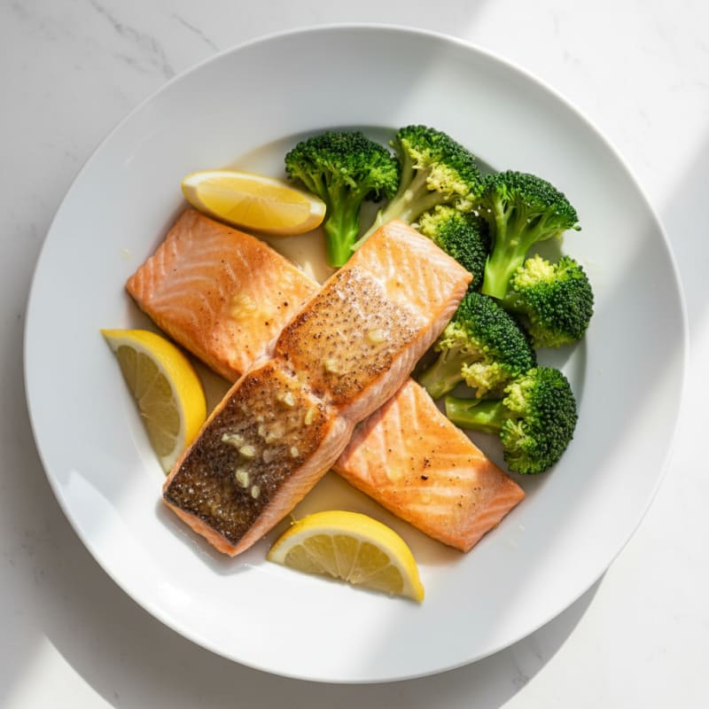 Seared Salmon with Steamed Broccoli and Lemon