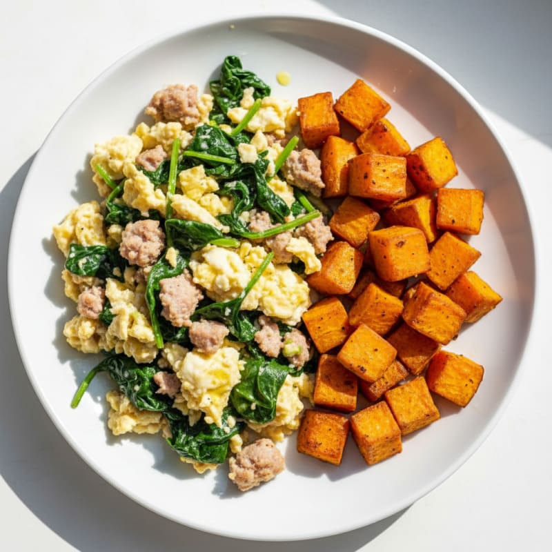 Egg White and Turkey Sausage Scramble with Spinach and Roasted Sweet Potato