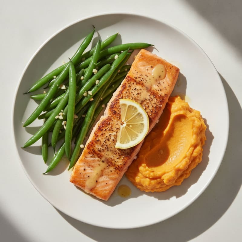 Seared Salmon with Garlic Green Beans and Sweet Potato Mash
