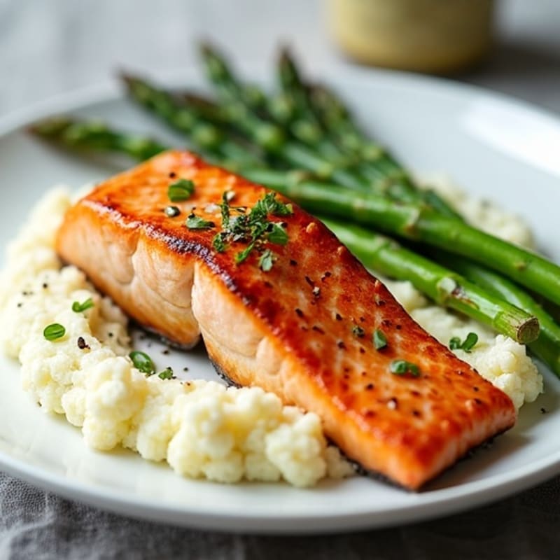 Seared Salmon with Steamed Asparagus and Cauliflower Mash