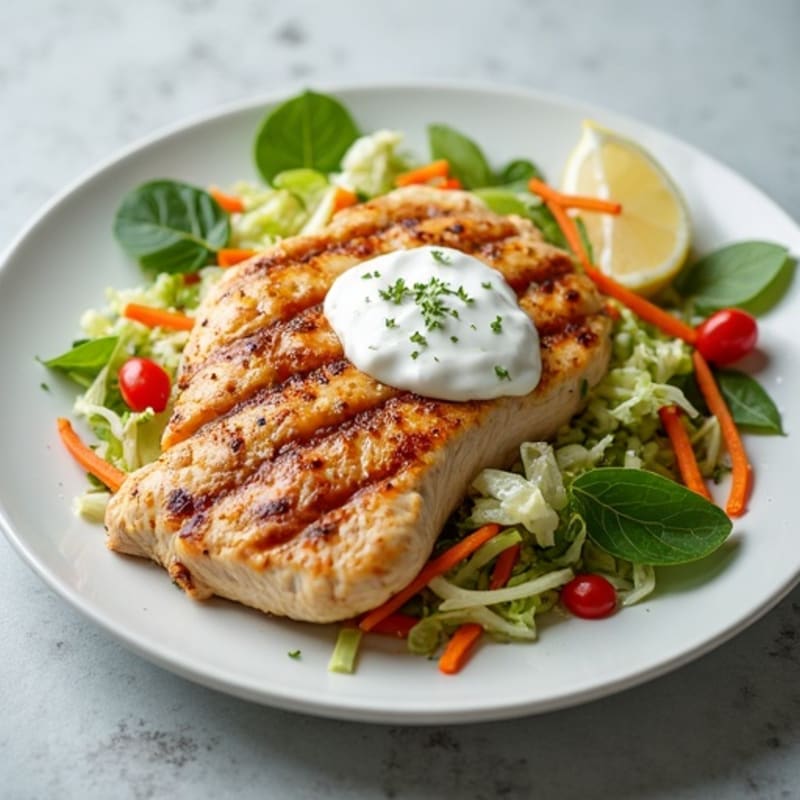 Grilled Chicken Breast with Crunchy Cabbage Slaw and Greek Yogurt Dressing