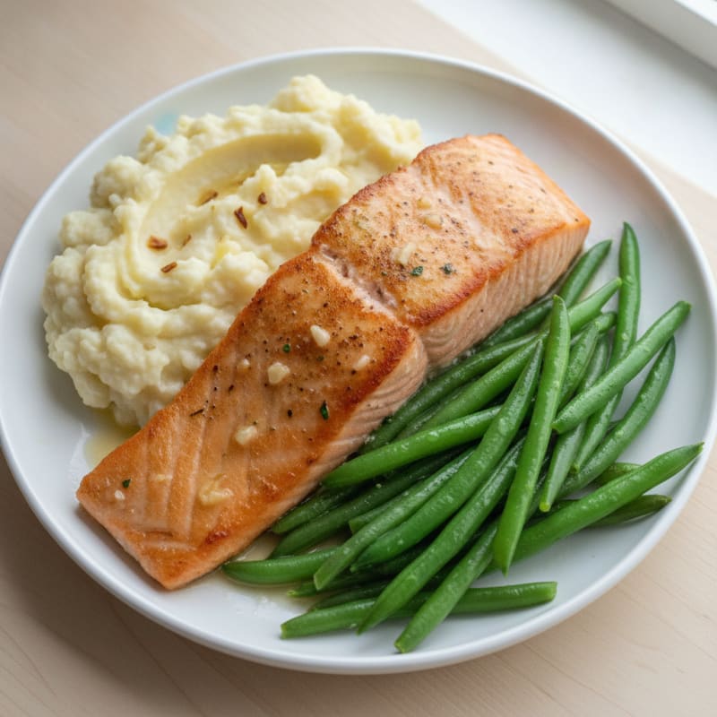 Seared Salmon with Steamed Green Beans and Garlic Mashed Cauliflower