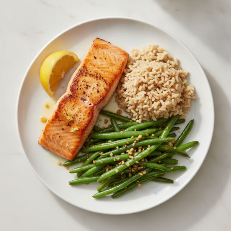 Seared Salmon with Garlic Green Beans and Brown Rice