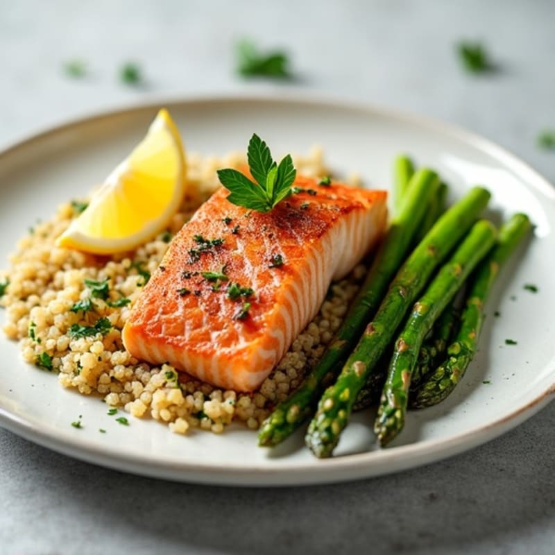 Seared Salmon with Steamed Asparagus and Herbed Quinoa