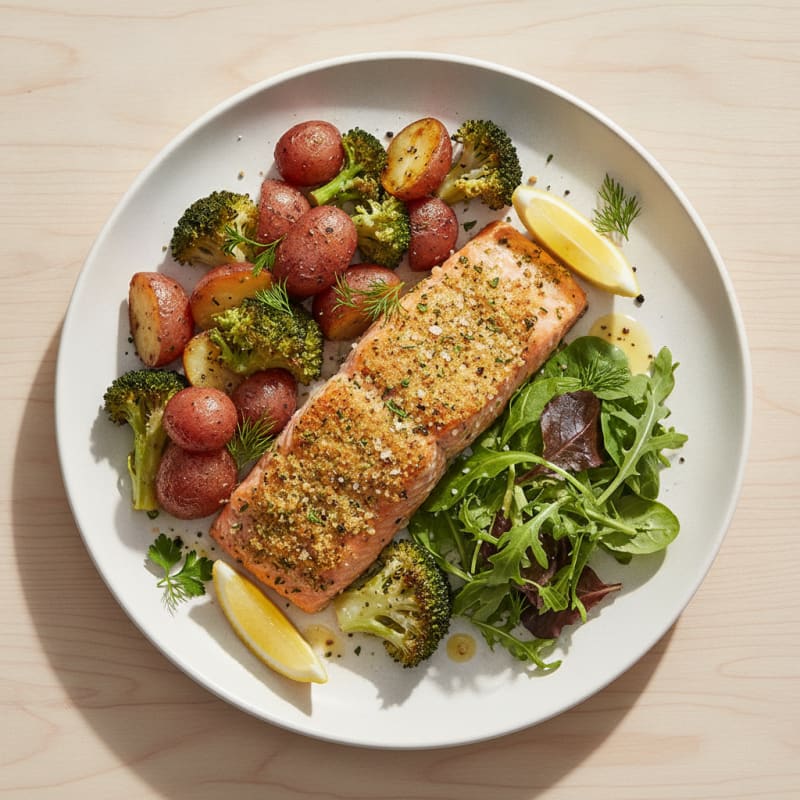 Herb-Crusted Salmon with Roasted Potatoes and Broccoli