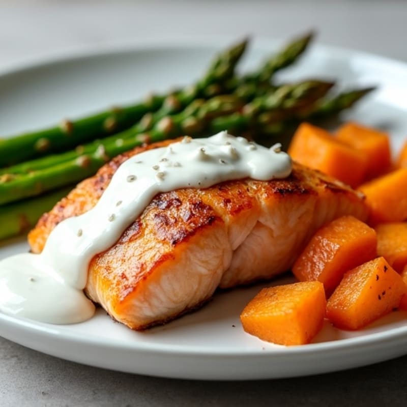 Seared Salmon Fillet with Roasted Sweet Potatoes and Asparagus